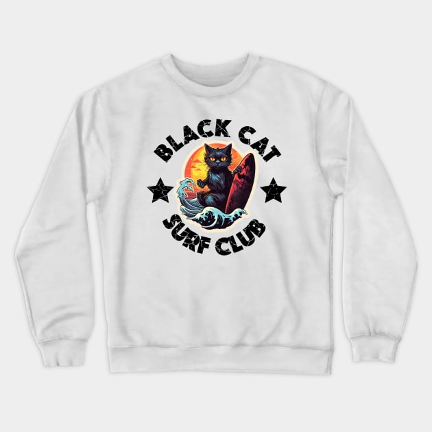 Black Cat Surf Club (Black Lettering) Crewneck Sweatshirt by VelvetRoom